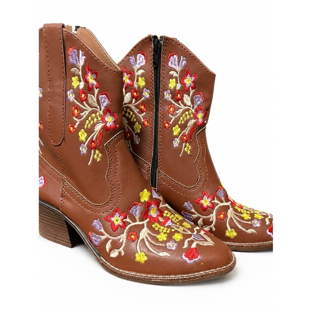 Women Floral Embroidery Western Ankle Boots Brown Low Heel Booties US 7
